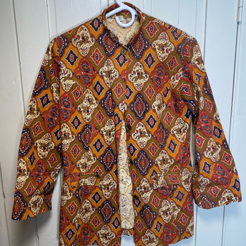 Barkcloth Handmade Paisley Blazer in Orange and Blue African Pattern ILGWU RARE